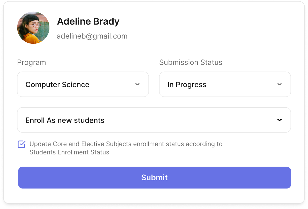 Classe365 enrolment form: programme, submission status and enrolment options for a student