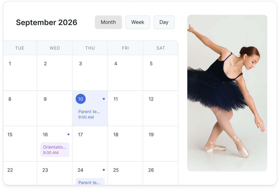 Class calendar with scheduled sessions