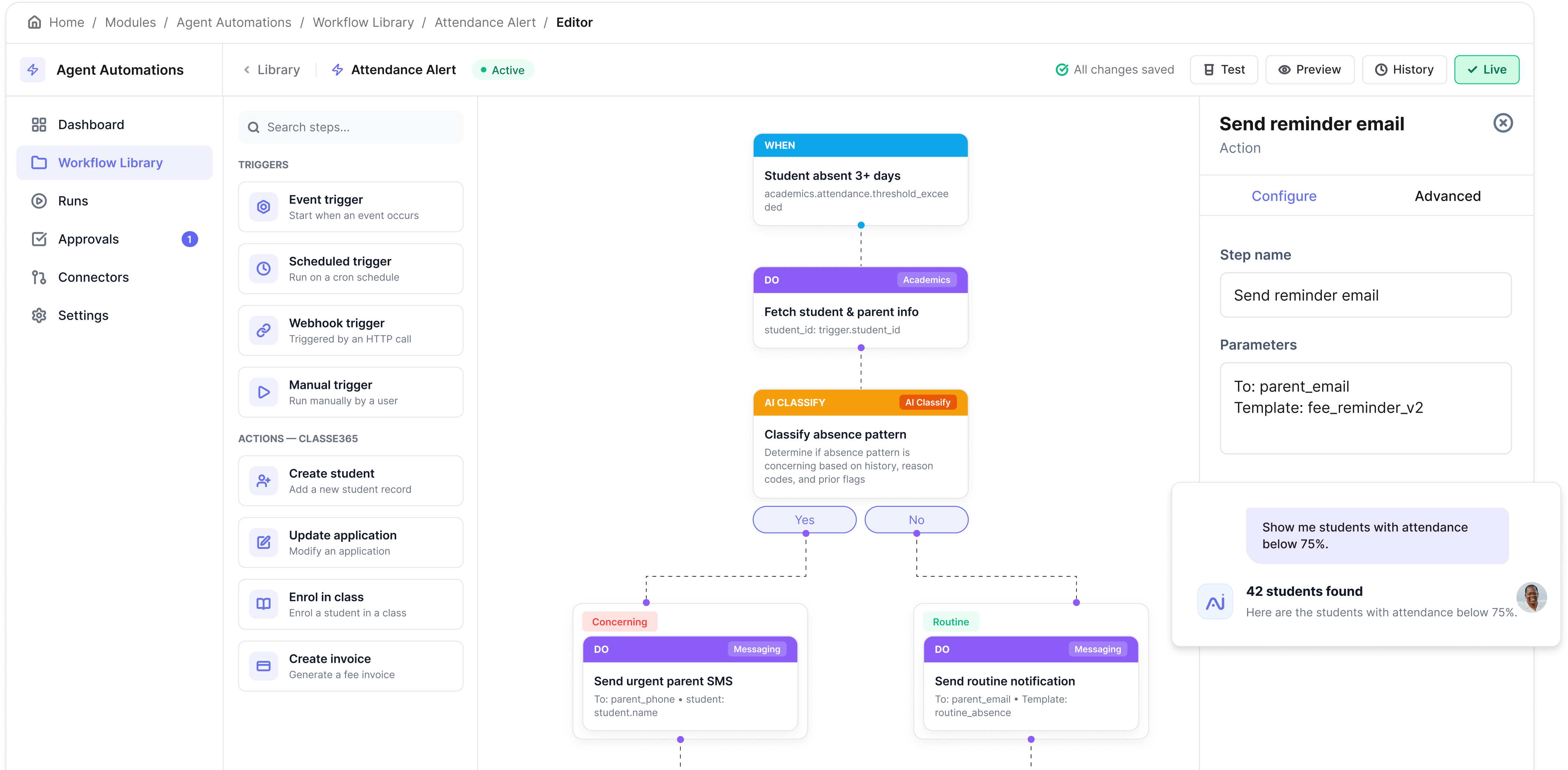 Classe365 workflow dashboard