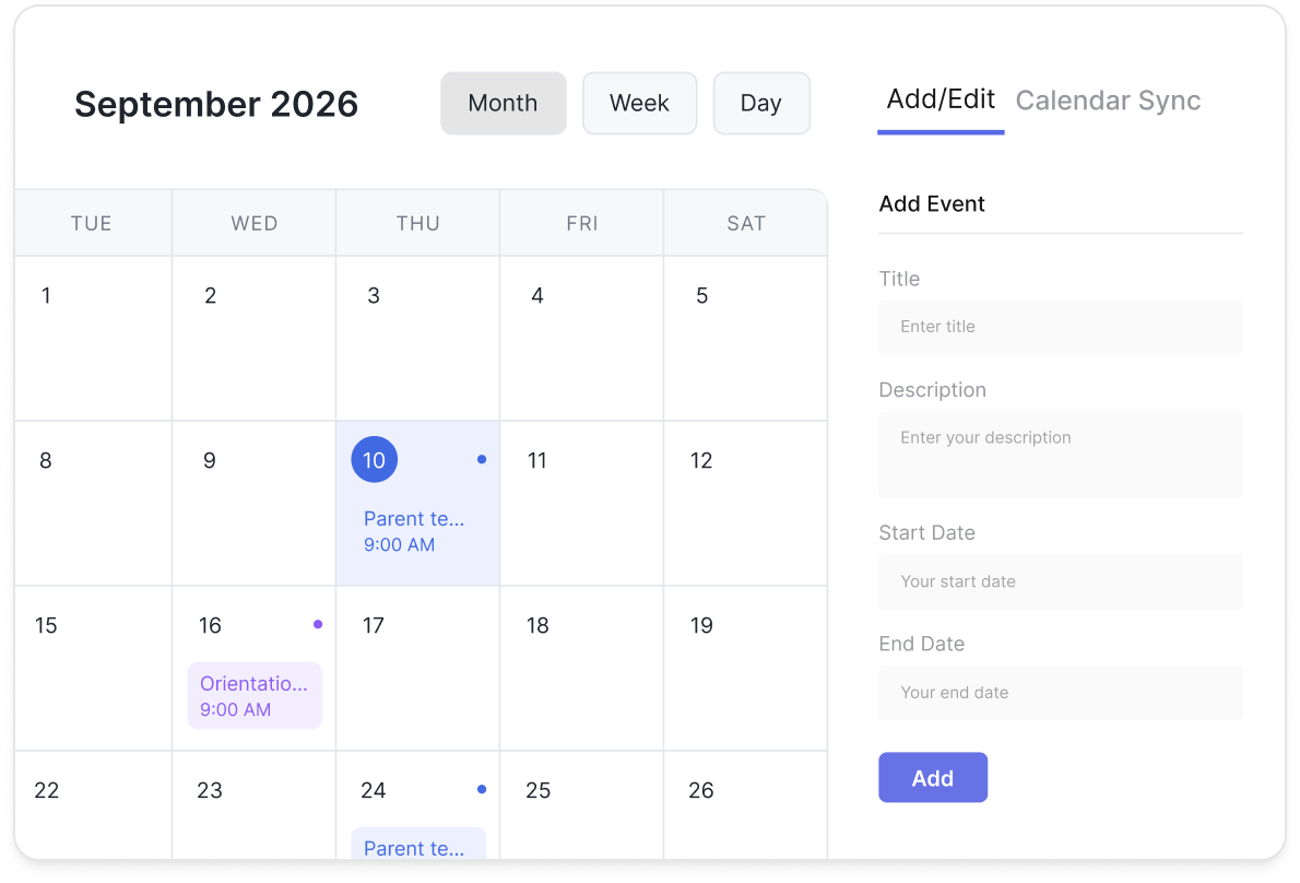 Classe365 event calendar in month view with parent-teacher meetings and orientation, and a panel for adding an event with title, description and dates