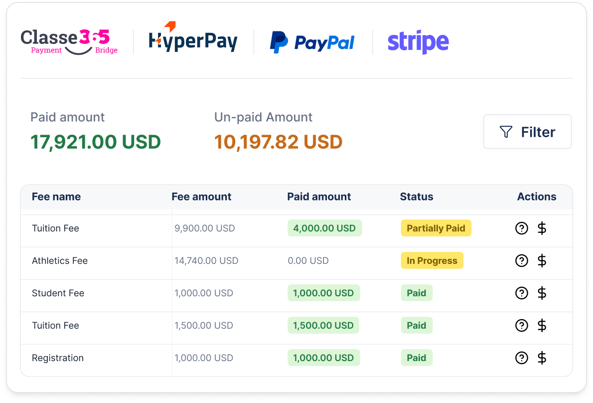 Classe365 screenshot: Provide students flexible payment options and payment methods