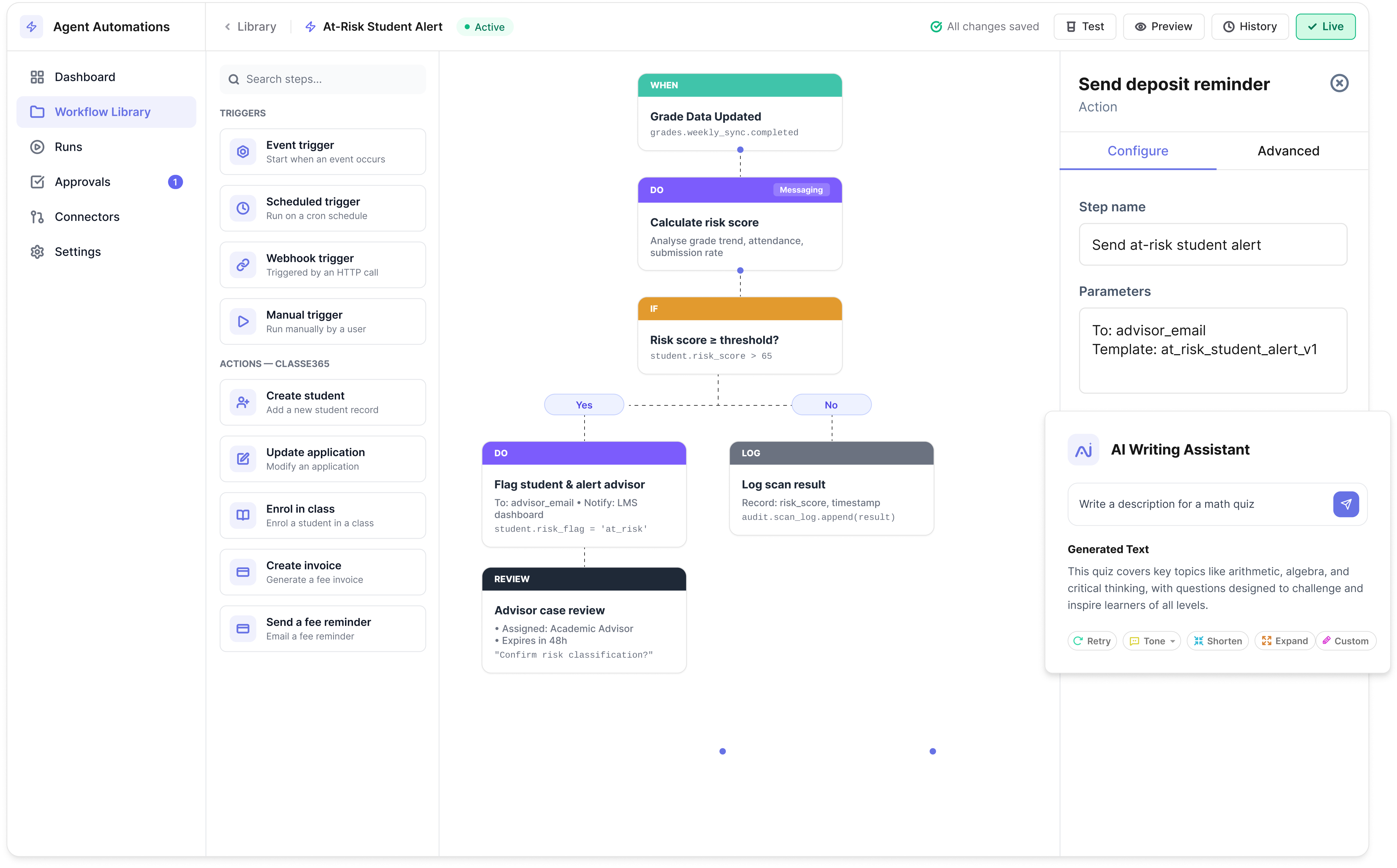 Classe365 Agent Automations: workflow builder with an AI writing assistant