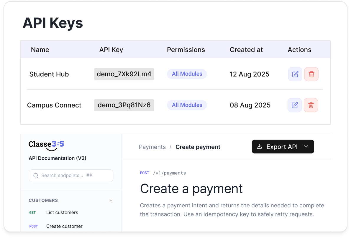 Classe365 screenshot: Connect your tech stack with open APIs