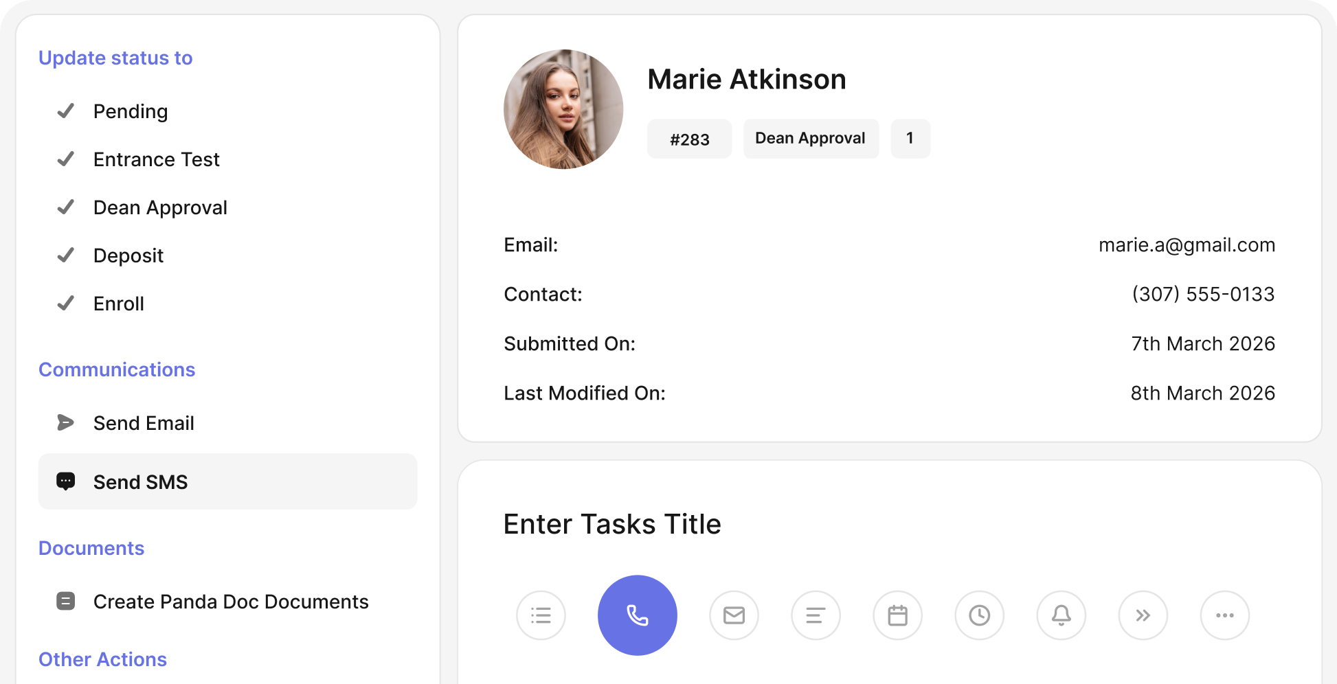 Classe365 CRM: enquiry status, communications and tasks for a student