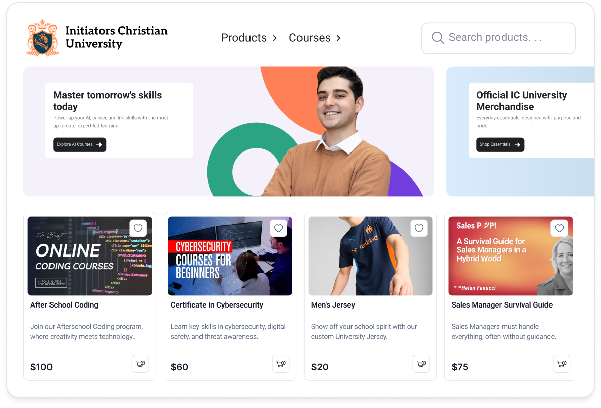 University online store with courses and merchandise