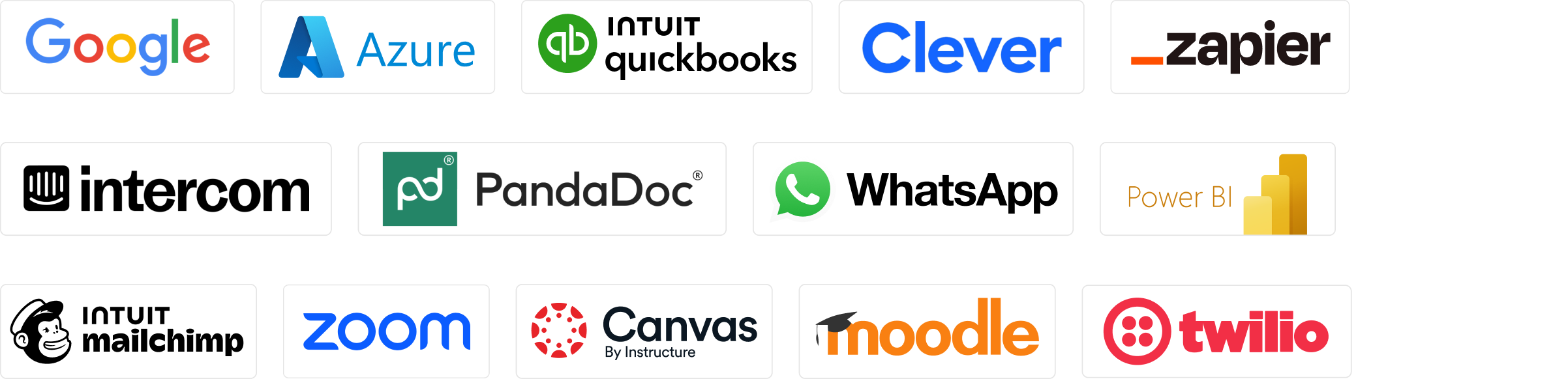 Integrations: Google, Azure, QuickBooks, Clever, Zapier, Intercom, PandaDoc, WhatsApp, Power BI, Mailchimp, Zoom, Canvas, Moodle, Twilio