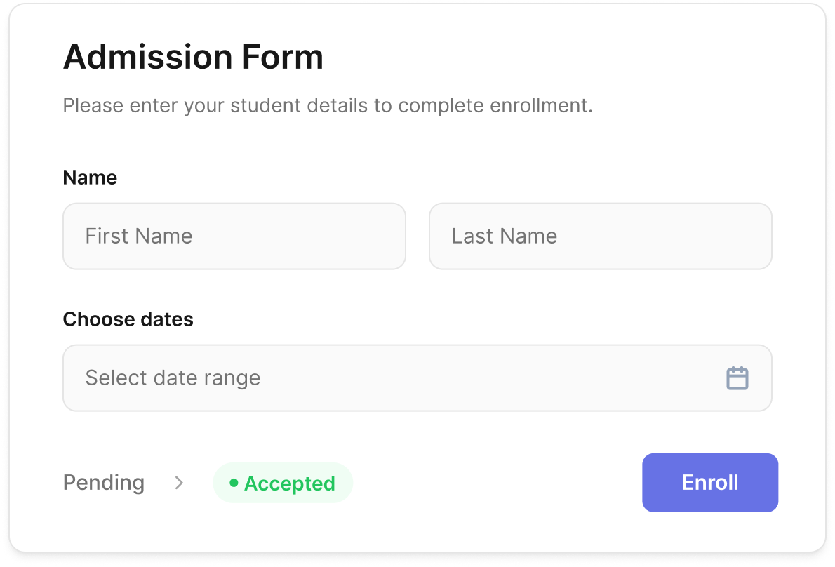 Classe365 admission form: student name and date fields, with the application moving from pending to accepted and an enrol button