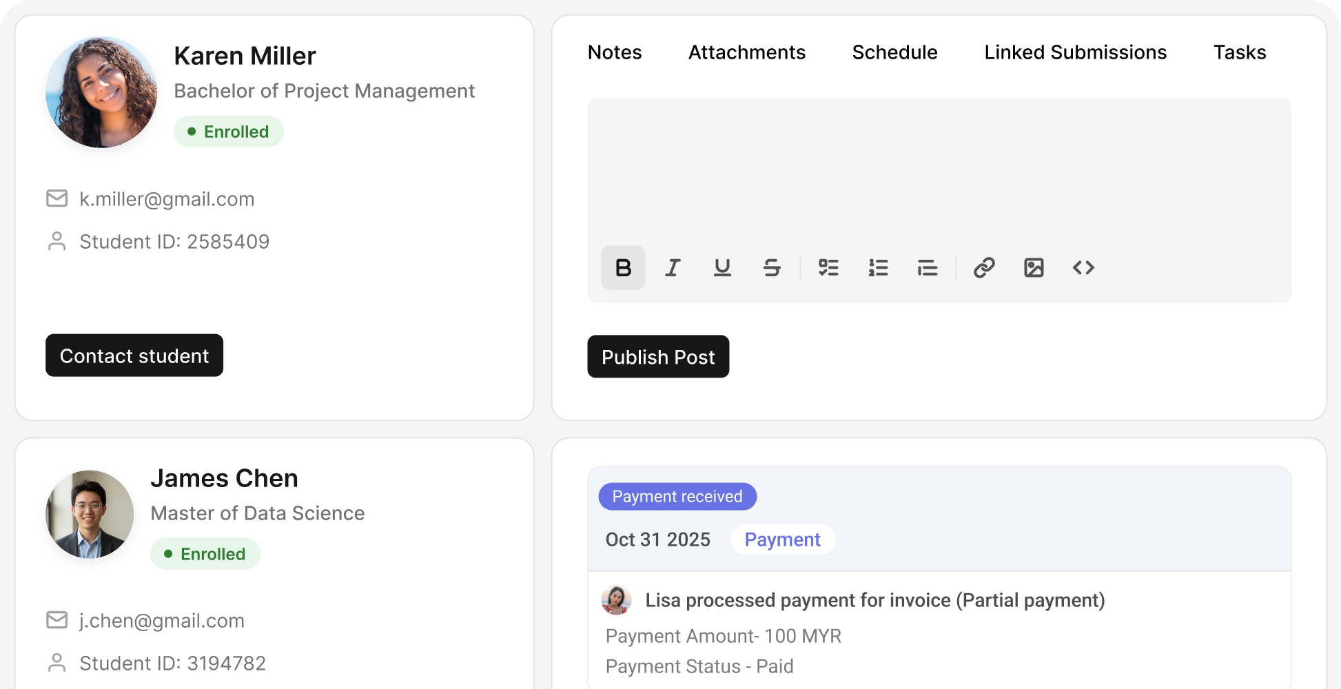 Classe365 student registry: enrolled student records with contact details, notes and a payment activity log