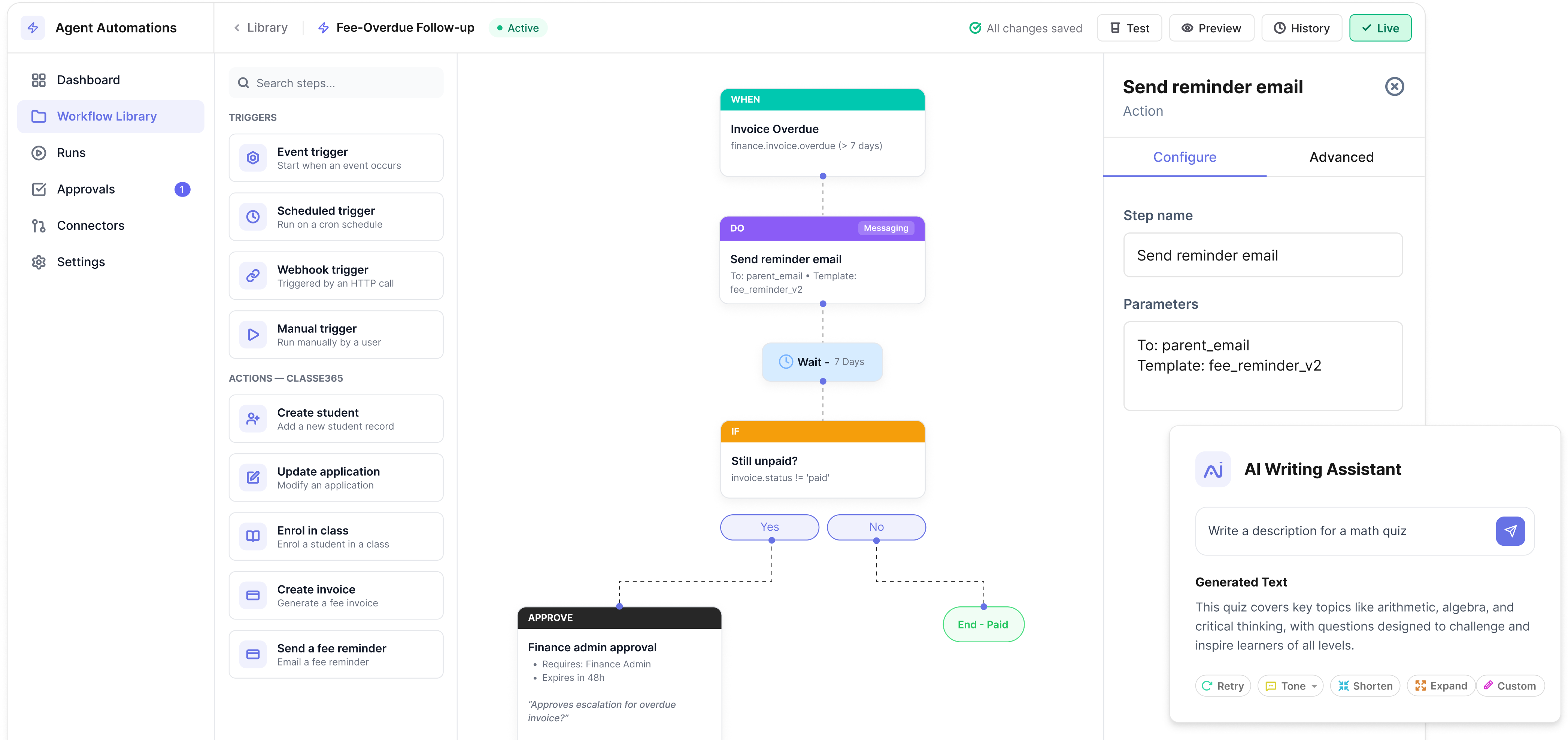 Classe365 Agent Automations: workflow builder with an AI writing assistant