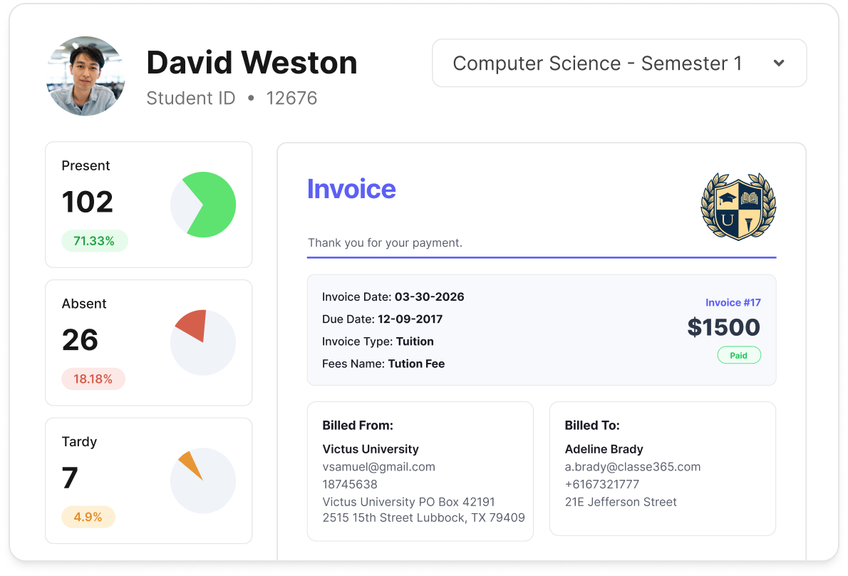 Classe365 screenshot: Comprehensive SIS features