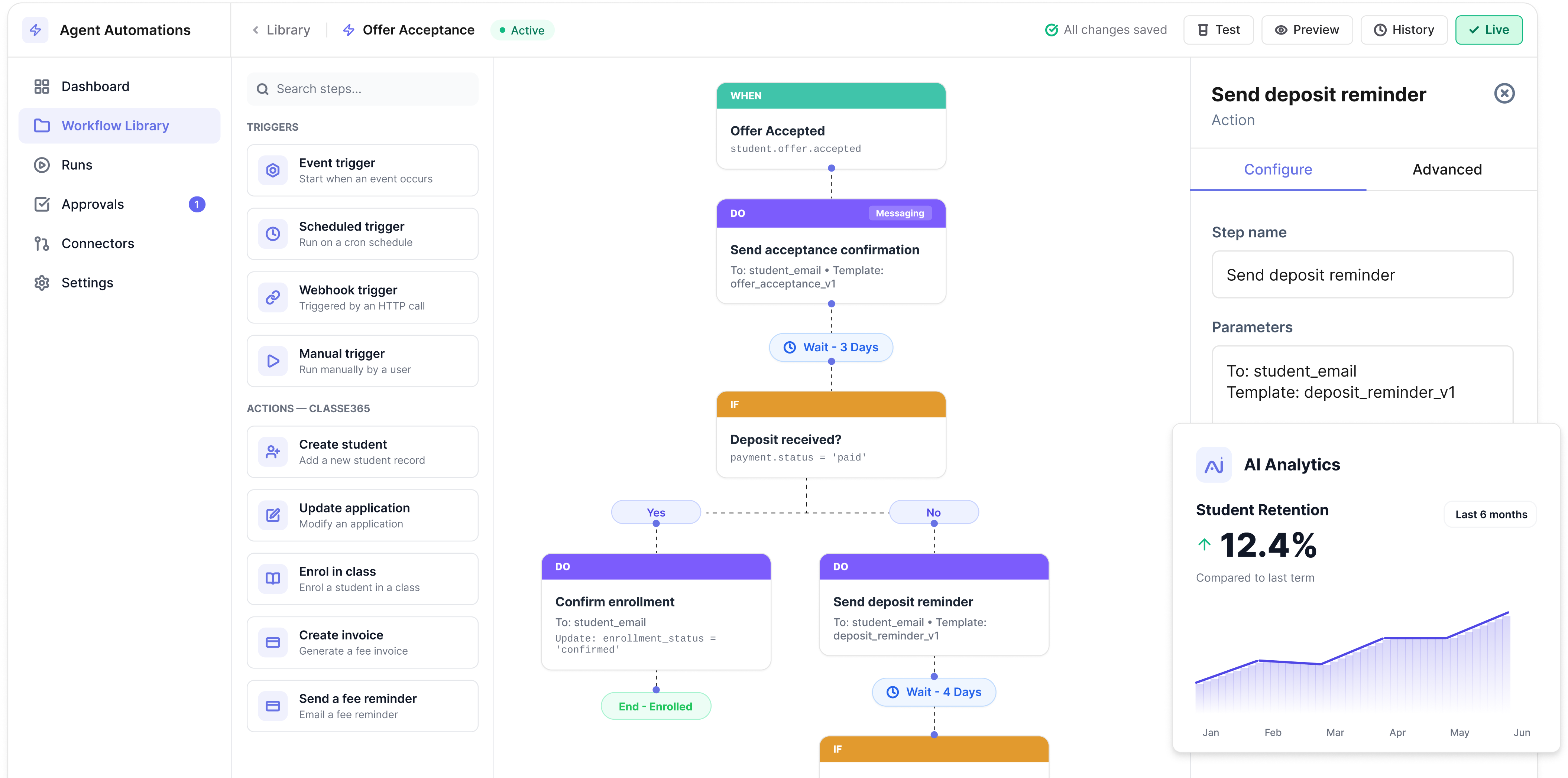 Classe365 Agent Automations: workflow builder with an AI writing assistant